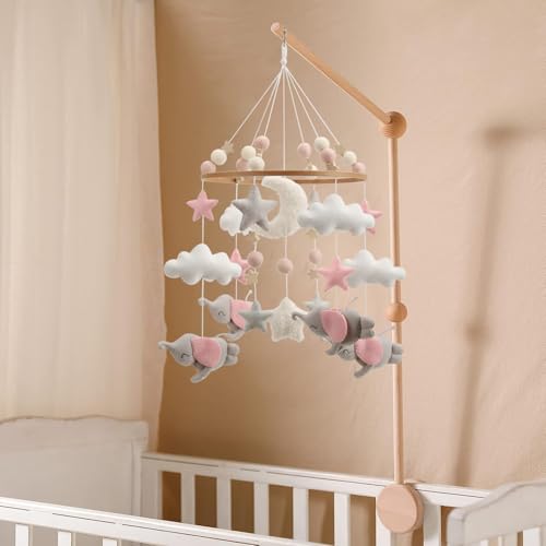 Image of Elephant Mobile for Crib - A Beautiful Elephant Crib Mobile with Stars and Clouds and Grey Elephants with Pink Detail