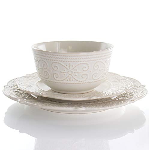 Elama LUNA Round Decorated Stoneware Scallop Embossed Dinnerware Dish Set thumb #1