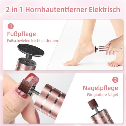 2 in 1 Hornhautentferner Elektrisch - Wiederaufladbarer Elektrischer Hornhautentferner mit 30 Austauschbaren Fußfeilen, 9 Geschwindigkeiten Hornhaut Entfernen Fuß für Tote Harte Haut (Roségold)
