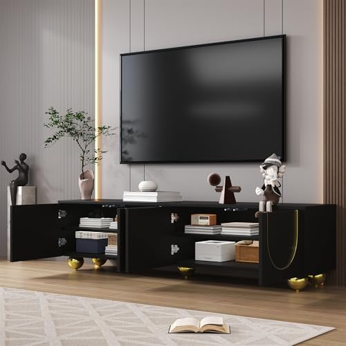 Meuble TV noir et D avec portes structurées, pieds de tanière ronds, étagères, fonction push-to-open, centre de divertissement moderne (170 x 38 x 44 cm)