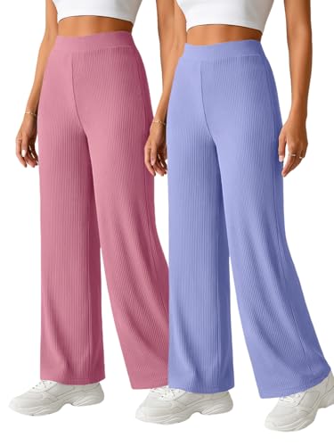 Image of Pinkmint Women High Waist Ribbed Wide Leg Trousers | Stretchable Palazzo Pants |Casual Lounge Travel Office Elastic Waist Flared Pants