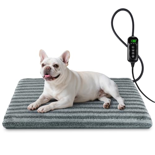 Pet Heating Pad Waterproof Heated Dog Cat Bed with 11 Adjustable Temperatures & 24H Timer Auto Shut-Off Chew-Resistant Cord Washable Cover Indoor Electric Heating Mat Grey M(28 x 20)