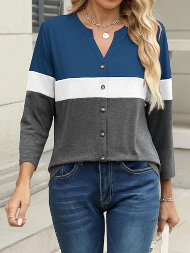 Womens 3/4 Sleeve Tops Button Down Shirts Color Block Casual Summer Shirts Trendy Tops4