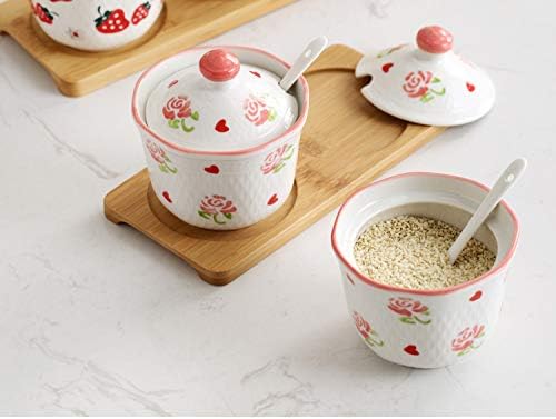 Miniatura 4 de Azucarero de porcelana con tapa y cuchara, tarro de almacenamiento de sal de cerámica, patrón de flores de frutas, recipiente blanco para