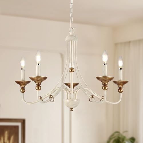 27.1 French Country Chandeliers for Dining Room 5-Light Farmhouse Candle Chandelier Rustic Vintage White&Antique Gold Metal Pendant Light Fixture for Kitchen Island Bedroom Living Room Foyer