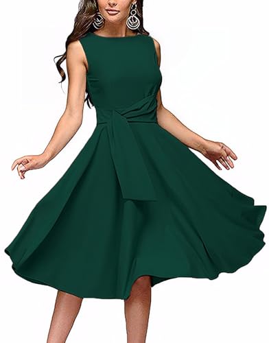 Image of FENJAR Women's Elegance Audrey Hepburn Style Ruched Dress Round Neck Sleeveless Swing Midi A-line Dresses (US, Alpha, Large, Regular, Regular, Green)