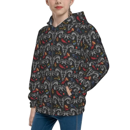 Ram Skull with Flowers Kid Hoodies Boys Zip Up Sweatshirts Girls Pullover with Pocket