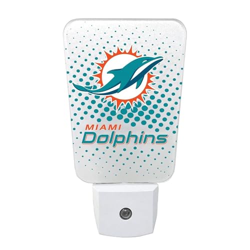 Party Animal NFL Team LED Night Light, with Auto Sensor and 3 Light Settings, Slim 5-Inch Design fits Standard Outlets, Miami Dolphins