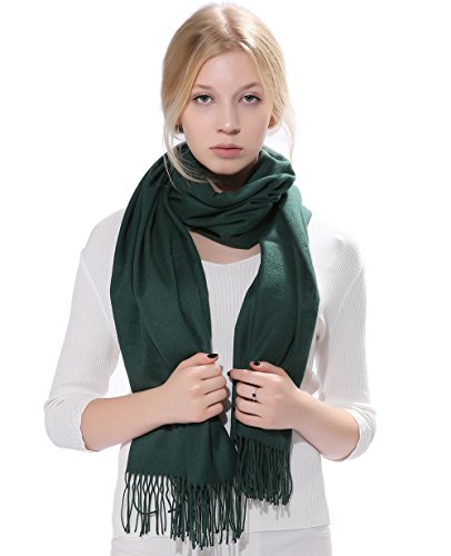 Anboor Cashmere Feel Blanket Scarf Super Soft with Tassel Solid Color Warm Shawl for Women, Blackish Green, L