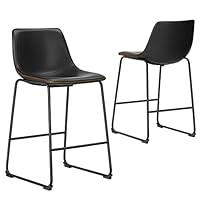 Bar Stools Set of 2, Counter Height Bar Stools with Back, 26 inch Armless Industrial Faux Leather Barstools with Metal Legs and Footrest, Modern Dining Chairs for Home Kitchen Island, Black