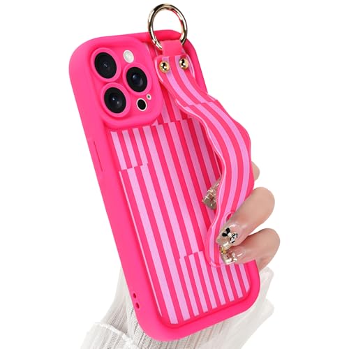 Jefonha Cute for iPhone 13 Pro Max Case with Strap Stand, Hot Pink Stripes