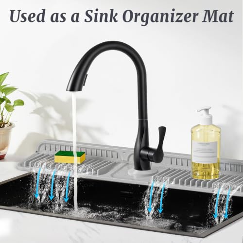 Image of PoYang 24 inch Faucet Mat for Kitchen Sink Splash Guard, 7 Slope Silicone Sink Water Splash Guard for Kitchen Sink Area with Snap, Longer Sink Protectors for kitchen Sink Sponge Holder, Light Grey