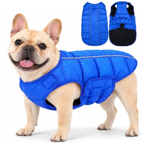 Kuoser Dog Puffer Jacket Warm Dog Coat for Small Dogs, Windproof Reflective Pet Padded Vest Cold Weather Clothes Puppy Snowsuit with Hook & Loop Coats, Easy On/Off, Blue S