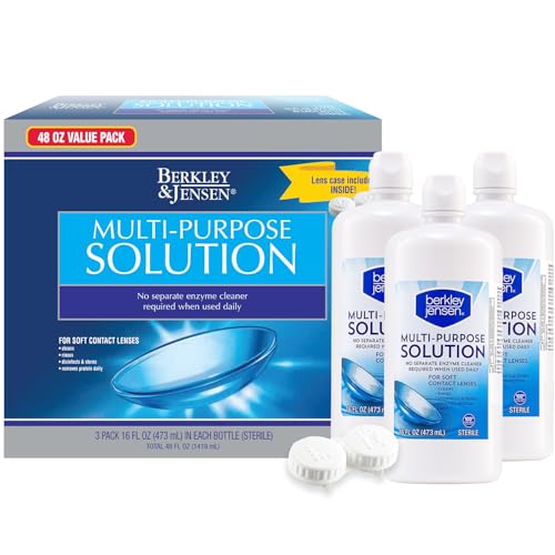 Berkley Jensen Multi-Purpose Solution, 48 oz (Pack of 3, 16 oz Bottles) - Sterile Contact Lens Solution - Cleans, Disinfects, and Removes Protein - For Soft Contact Lenses - Includes Contact Lens Case