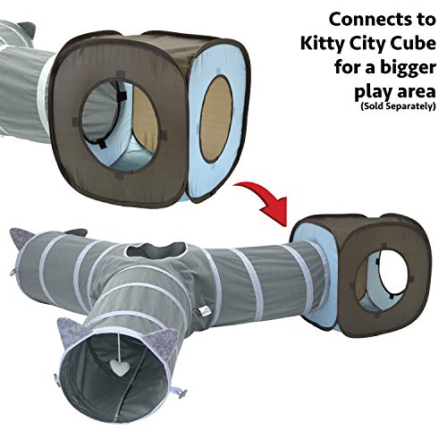 Kitty City Pop-Up Rolling Cat Cube & Tunnel Toy, Collapsible Indoor Cat Play Cube with Peekaboo Openings & Hanging Tassel, Lightweight Foldable Cat Furniture - Blue/Brown by Kitty City - Image 5