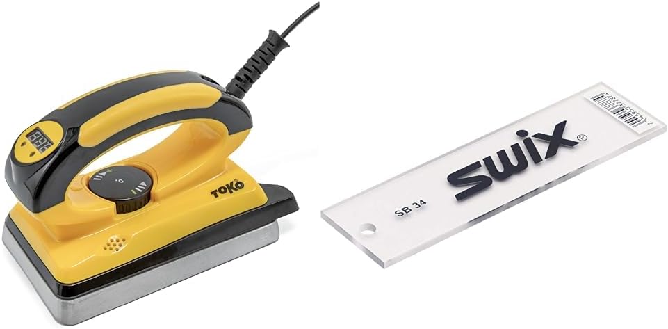 TOKO T14 Digital Wax Iron, Yellow, 1200 Watt & Swix Wax Scraper Snowboard and Wide Ski (4mm Thick)