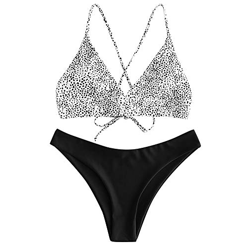 ZAFUL Bikini de punto d�lmata cruzado con estampado de leopardo, tirantes finos, bikini de corte alto Negro S