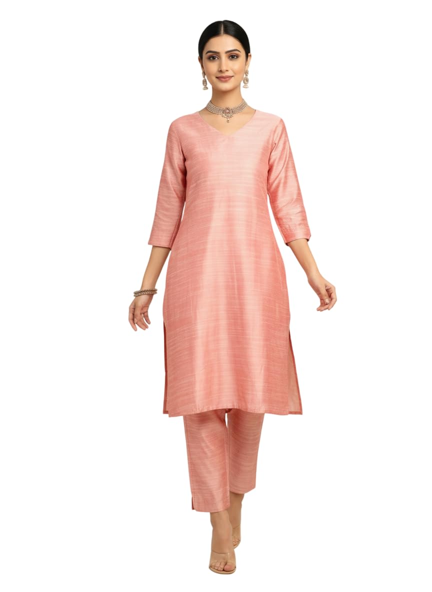 fashily Women's V-Neck Semi Raw Silk Straight Kurti with Pant Set | Plain Silk Blend Coord set for Women | 3/4 Sleeve Kurti with Lining Attached-picture-55