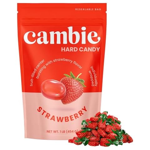 Strawberry Hard Candy Individually Wrapped by Cambie, 1 lb of Strawberry Candy with a Deliciously Sweet Hard Exterior with a Soft, Fruit-Filled Center Cover