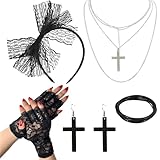 VQUNBG 5 accessori per costumi anni '80, accessori per travestimenti anni '80, accessori neri da donna anni '80, orecchini a rete con fascia in pizzo, guanti a rete, collana e braccialetto retrò per
