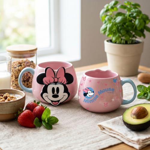 Image of Clay Craft Minnie Mouse Ceramic Milk Mug, Pink, Glossy Finish, Microwave Safe, 500 ml, Round, Modern Style