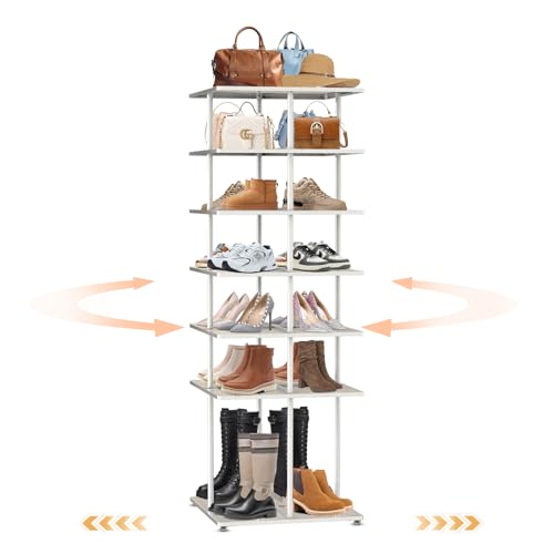 PHUNIGEEFT Zapatero giratorio giratorio: organizador de zapatos giratorio de 7 niveles 360 grados Lasy Susan, organizador vertical de armario para entrada, puerta, sala de estar, color blanco