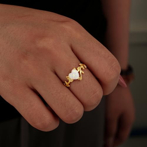 EVER FAITH 925 Sterling Silver Created Gemstone White Heart Opal Statement Rings, Dainty Gold Vine Leaf Wedding Promise Band Ring Anniversary Birthday Jewelry for Women Bride Size 6-83