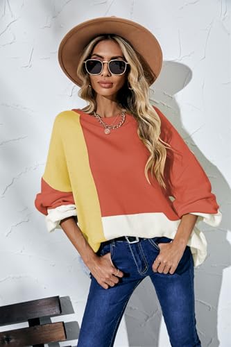 Image of ECOWISH Women Sweater Long Sleeve Color Block Knit Pullover Sweaters Crew Neck Patchwork Casual Loose Jumper Tops