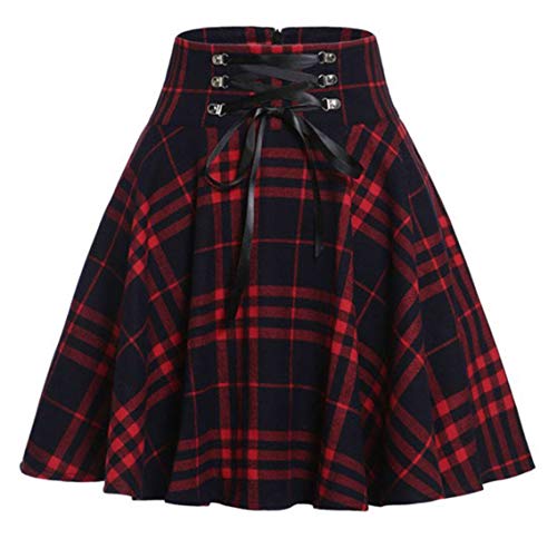 CHARTOU Women s High Waist Drawstring Plaid Ruffle Versatile Pleated A Line Short Skirt (Large, Red)