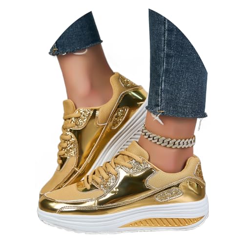 HUIQINGLI Women’s Trendy Casual Sparkling Style Platform Sneakers, Rhinestone Fashion Gold Shoes, Casual Lace Up Walking Shoes