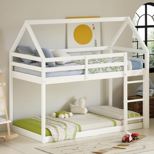 Image of PVWIIK House-Shaped Twin Floor Bunk Bed, Solid Rubberwood Low-Level Bed with Ladder & Safety Guardrails, White