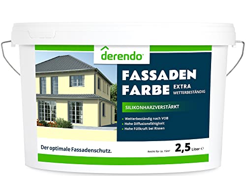 derendo Fassadenfarbe gelb 2,5l mit EXTRA hohem Wetterschutz, matte silikonharzverstärkte Fassaden Farbe, hohe Deckkraft und gute Füllkraft bei kleinen Rissen (Buttergelb 7-21)