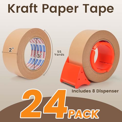 Image of ADHES Coated Kraft Packing Tape with Dispenser, 2 Inch x 55 Yards | Heavy Duty Water Resistant Kraft Paper Tape for Shipping, Moving, Packaging & Carton Sealing, 24 Rolls