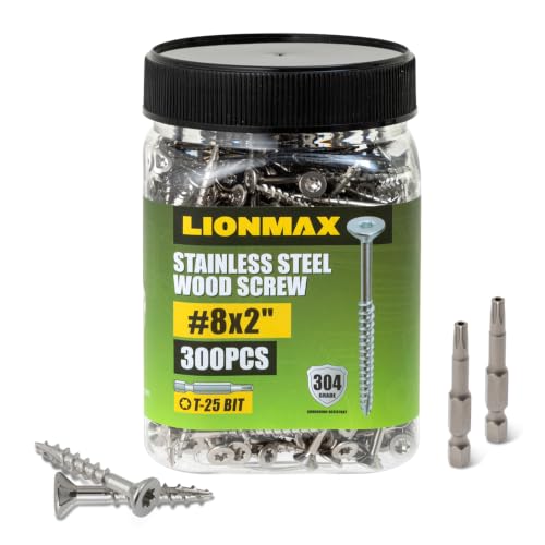 LIONMAX Stainless Steel Deck Screws 2 Inch, Wood Screws #8 x 2, 300PCS