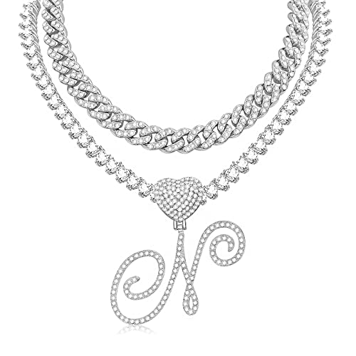 KOHOTA Gold Cuban Link Chain for Women Cursive Initial Pendant Necklace Layered Heart Shaped Zirconia Iced Out Chain Bling Necklace 24K Gold Plated Luxury Hip Hop Jewelry