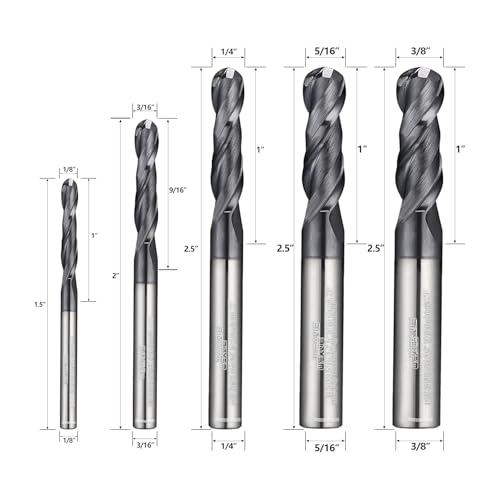 Image of Tools Carbide Ball Nose End Mill Bits Set (1 /8,3 /16,1 /4,5 /16,3 /8) 5Pcs, MAH Coating,CNC Cutting Tools for Steels,3D Carving & Engraving. 2 Flute Router Bits