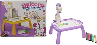 جهاز عرض بلاستيك متوسط الحجم يحتوي على طاولة بتصميم يونيكورن لطيف وأقلام ملونة مائية تهدف إلى تطوير مهارات الإبداع للأطفال - أرجواني