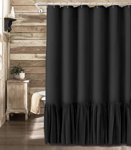 XOGUIBO Farmhouse Shower Curtain with Ruffle Hem Linen Black Shower Curtains for Bathroom Country...