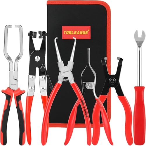 Image of TOOLEAGUE 6Pcs Fuel Line Pliers Set for Auto Maintenance with Storage Case | Hose Remover, 9 inch Fuel Filter Caliper, Hose Pipe Clamp Clip, Flat Hose Clamp Plier, 30 Degree Disconnect Pliers Set