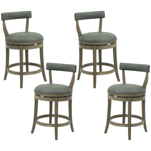 Image of ROME + OAK Ruxban 26 inch Counter Stool, Set of 4 Low Back Swivel Barstools in Reclaimed Oak Finish with Stone Vegan Leather Seat - Indoor Home Furniture