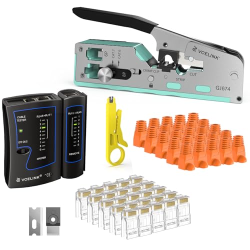 Image of VCELINK RJ45 Crimp Tool Kit for CAT7 /6A /6 /5E /5, Upgraded Network Tool Set with an Ethernet Crimper, 25 RJ45 Connectors & Boots, Cable Tester, and Wire Stripper, Green (no Cloth Bag Include)