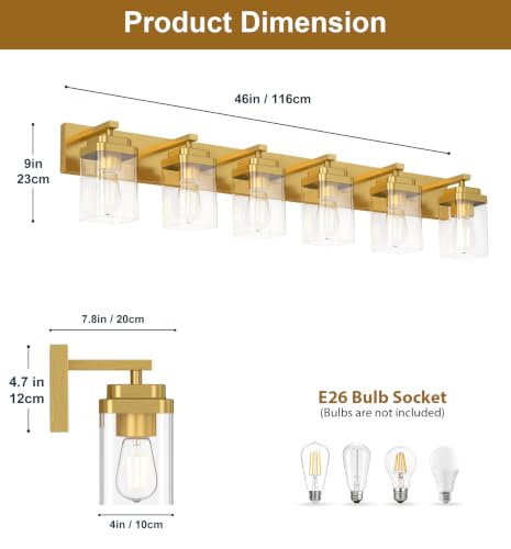 Image of Brushed Gold Bathroom Light Fixtures, 6 Lights Bathroom Lighting Fixtures Over Mirror, Square Design & Rectangle Large Backplate, Modern Vanity Lighting Fixtures, for Living Room /Bedroom