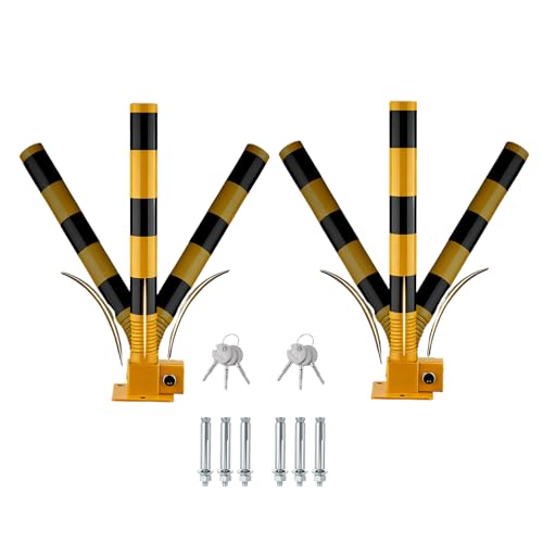 駐車 柱、折りたたみ式衝突防止駐車ボラード、スプリングでより安全、ネジとロック付きのプライベート駐車スペースセキュリティボラード (ツーピーススーツ,ブラック)