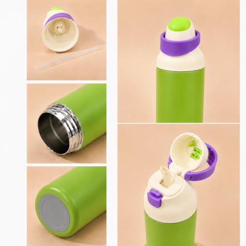 Image of HomeCloud 500ML Stainless Steel Water Bottle for Kids - Double Wall Vacuum Insulated, Leakproof Straw Lid, BPA-Free Reusable Flask with Dual Drinking Spout for School, Travel & Sports (Green Purple)