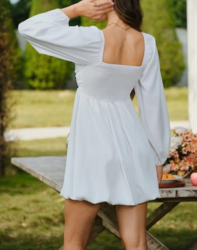 Image of HYPERFIRE Women's Square Neck Long Sleeve Bubble Mini Dress Pleated Smocked A Line Wedding Dresses