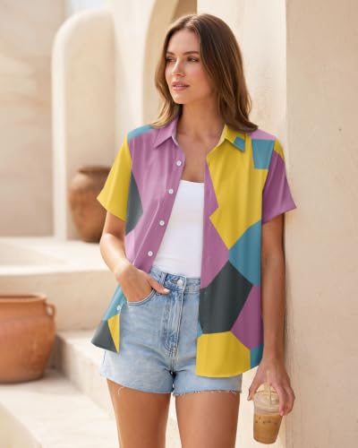 Image of 99TIMORO Fantasy Character Button Down Shirt for Women Short Sleeve | Novel Movie Themed V Neck Collared Tops Lightweight Breathable Beach Vacation Casual Wear Summer Mother Gifts Classic Fit
