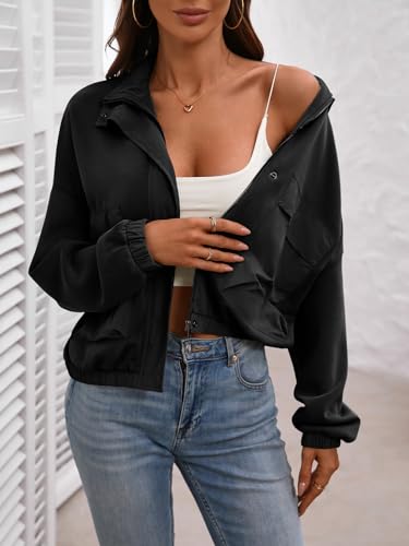 Women's Cropped Oversized Safari Jackets Zip Up Stand Collar Neck Long Sleeve Utility Anorak jacket with Pocket2