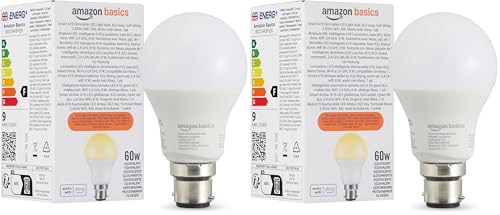 Image of Amazon Basics Smart Dimmable LED Light Bulb, B22 Base, Soft White, 8W (60W Equivalent), Works with Alexa Only, 2 Pack