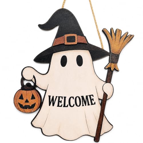 Image of Halloween Decorations - Halloween Wooden Ghost Welcome Sign for Front Door