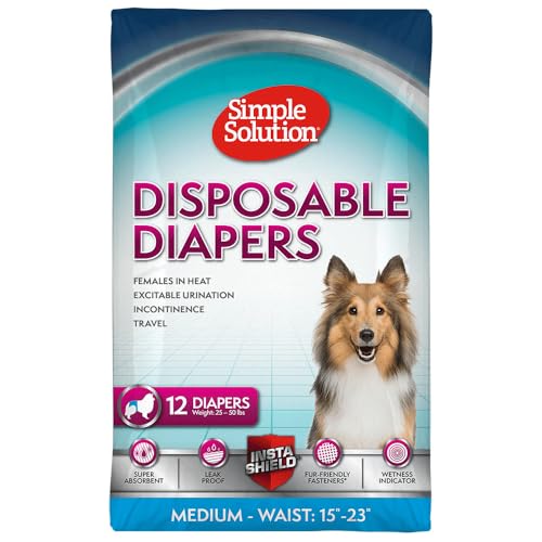 Image of Simple Solution Disposable Female Dog Diapers, Absorbent Leak Proof Protection for Incontinence, Puppy Training, Heat Cycle, Travel, and Housebreaking, Medium Dogs, 15-23 Inch Waist, 12 Count